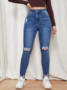 SHEIN Essnce Jeans ajustados con cremallera desgarro bajo crudo - Azul lavado oscuro - Ver 1
