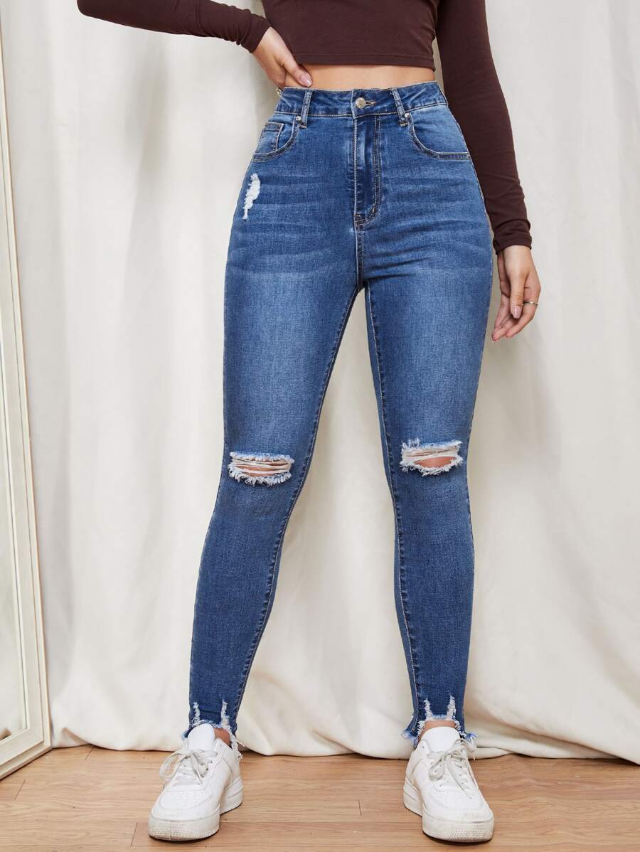 SHEIN Essnce Jeans ajustados con cremallera desgarro bajo crudo - Azul lavado oscuro - Ver 1