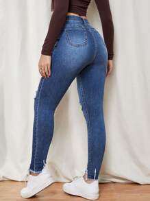 SHEIN Essnce Jeans ajustados con cremallera desgarro bajo crudo - Azul lavado oscuro - Ver 2