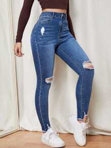 SHEIN Essnce Jeans ajustados con cremallera desgarro bajo crudo - Azul lavado oscuro - Ver 4