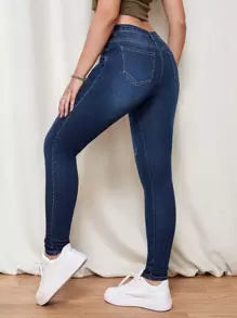 SHEIN Essnce 漂白水洗緊身牛仔褲 - 深色水洗藍 - 查看 2