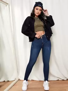 SHEIN Essnce 漂白水洗緊身牛仔褲 - 深色水洗藍 - 查看 3