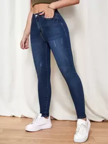 SHEIN Essnce 漂白水洗緊身牛仔褲 - 深色水洗藍 - 查看 4