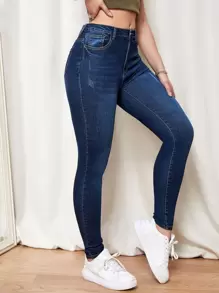 SHEIN Essnce 漂白水洗緊身牛仔褲 - 深色水洗藍 - 查看 5