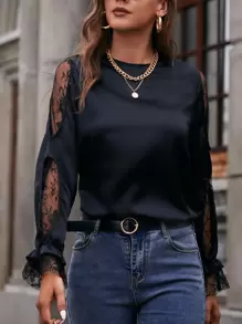 Contrast Lace Flounce Sleeve Satin Blouse - Black - View 1