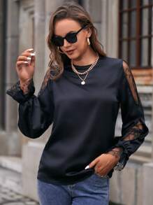 Contrast Lace Flounce Sleeve Satin Blouse - Black - View 3