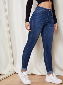 SHEIN Essnce Single Button Skinny Jeans - Dark Wash - View 4