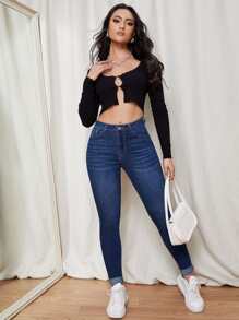 SHEIN Essnce Single Button Skinny Jeans - Dark Wash - View 5