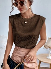 SHEIN Privé 豹紋提花墊肩襯衫 - 巧克力棕 - 查看 1