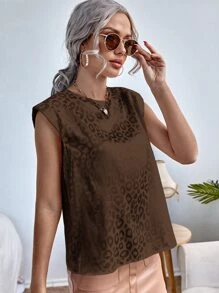 SHEIN Privé 豹紋提花墊肩襯衫 - 巧克力棕 - 查看 3