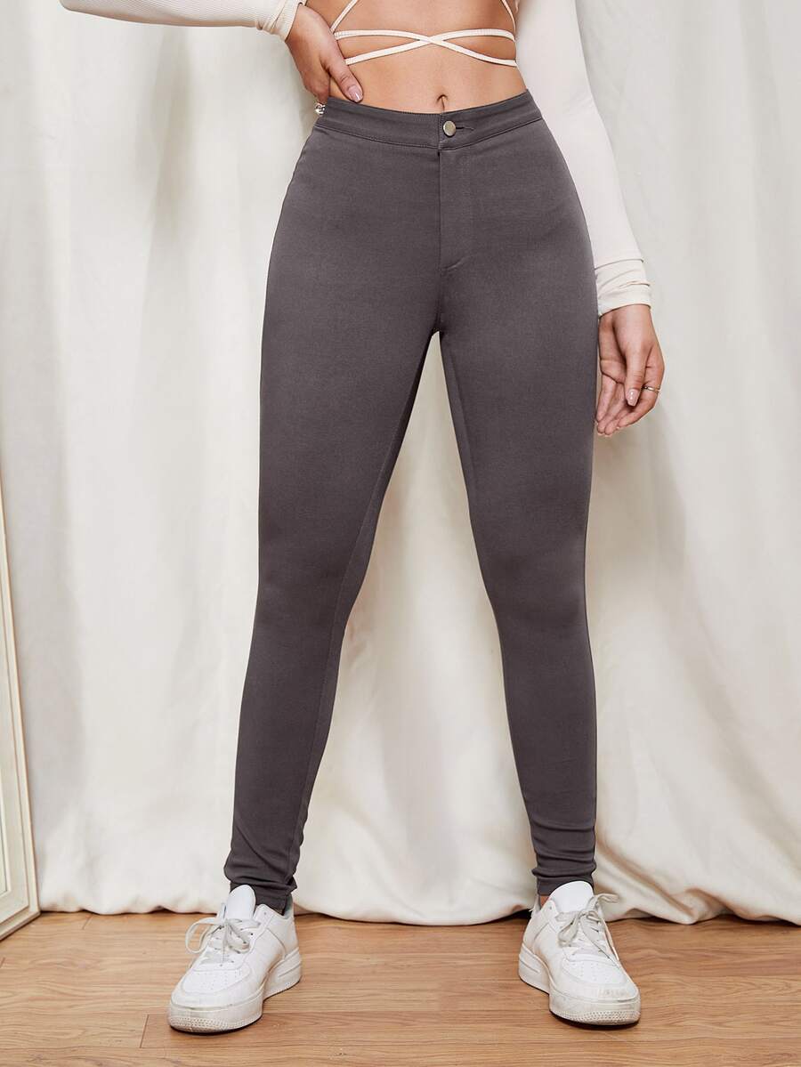 High Waisted Skinny Jeans - Dark Grey - View 1