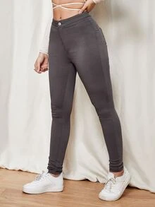 High Waisted Skinny Jeans - Dark Grey - View 3