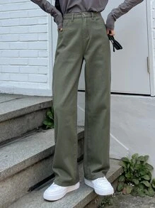 DAZY High Waisted Wide Leg Jeans - Army Green - View 3