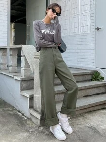 DAZY High Waisted Wide Leg Jeans - Army Green - View 5