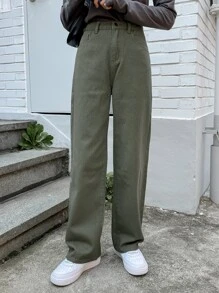 DAZY High Waisted Wide Leg Jeans - Army Green - View 7