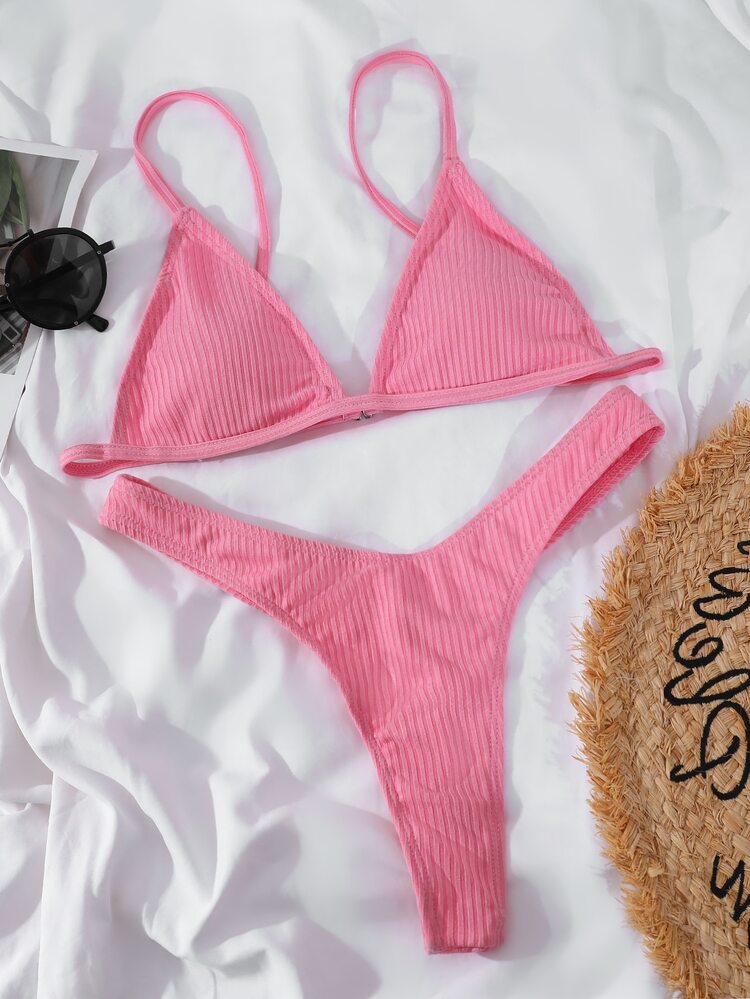Solid Triangle Top & High Cut Bottom Bikini Set, For Summer Beach Vacation - Pink - View 3