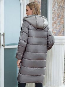 ZIAI 拉链双口袋毛绒装饰连帽夹棉大衣 - 灰色 - 查看 2