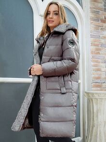 ZIAI 拉链双口袋毛绒装饰连帽夹棉大衣 - 灰色 - 查看 4