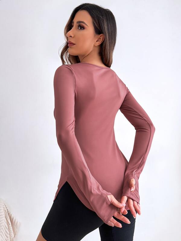 Thumb Holes Cut Out Curved Hem Sports Tee SHEIN USA