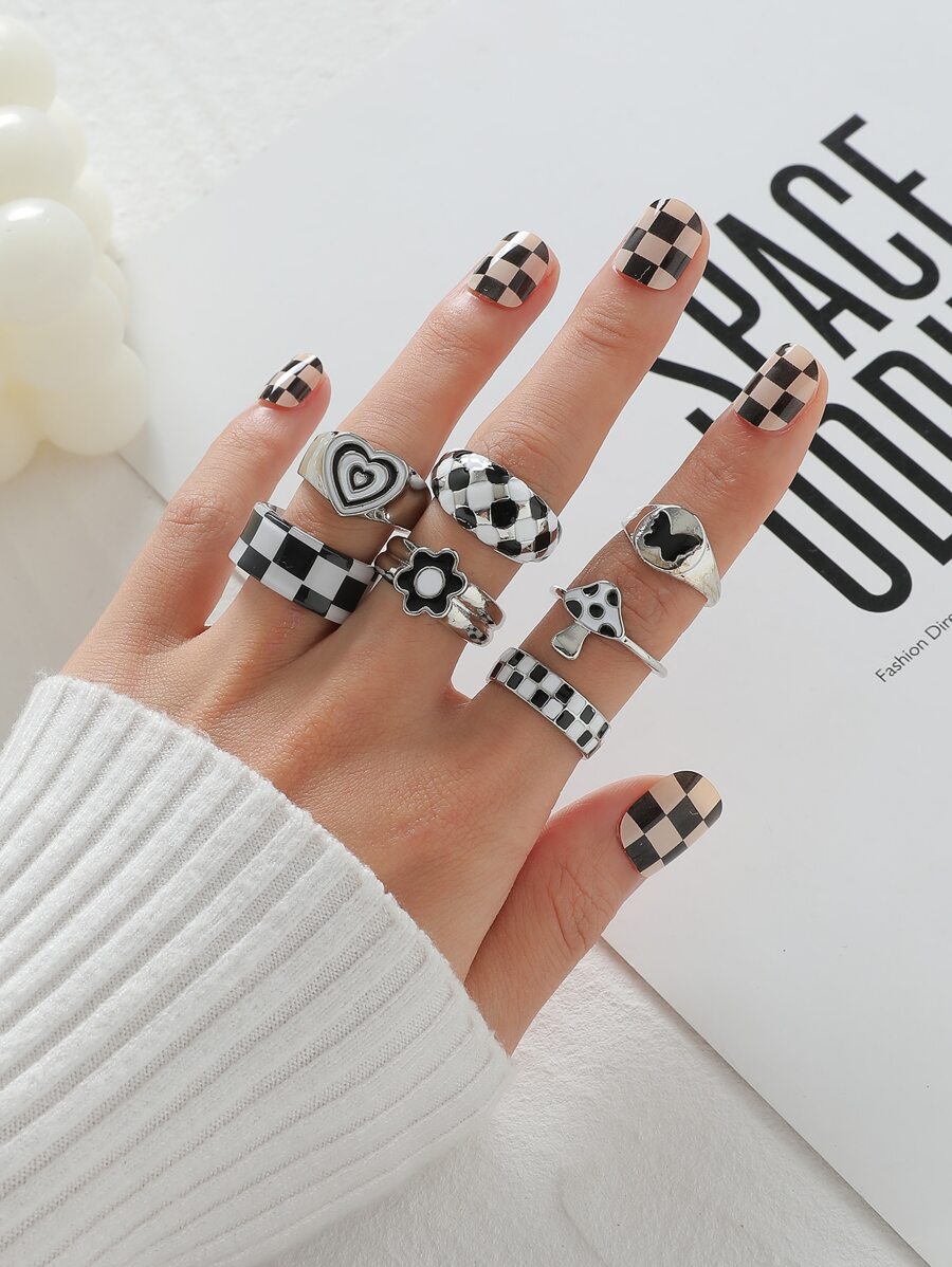 7pcs Heart & Mushroom Decor Ring - Multicolor - View 1
