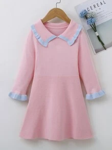 小女童拼接邊木耳邊袖口誇大領口毛衣裙 - 淺粉色 - 查看 1