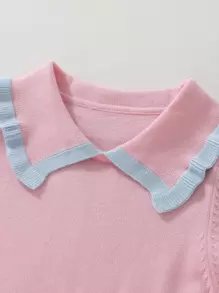 小女童拼接邊木耳邊袖口誇大領口毛衣裙 - 淺粉色 - 查看 3