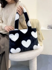 Heart Graphic Fluffy Shoulder Tote Bag - Black and White - View 1