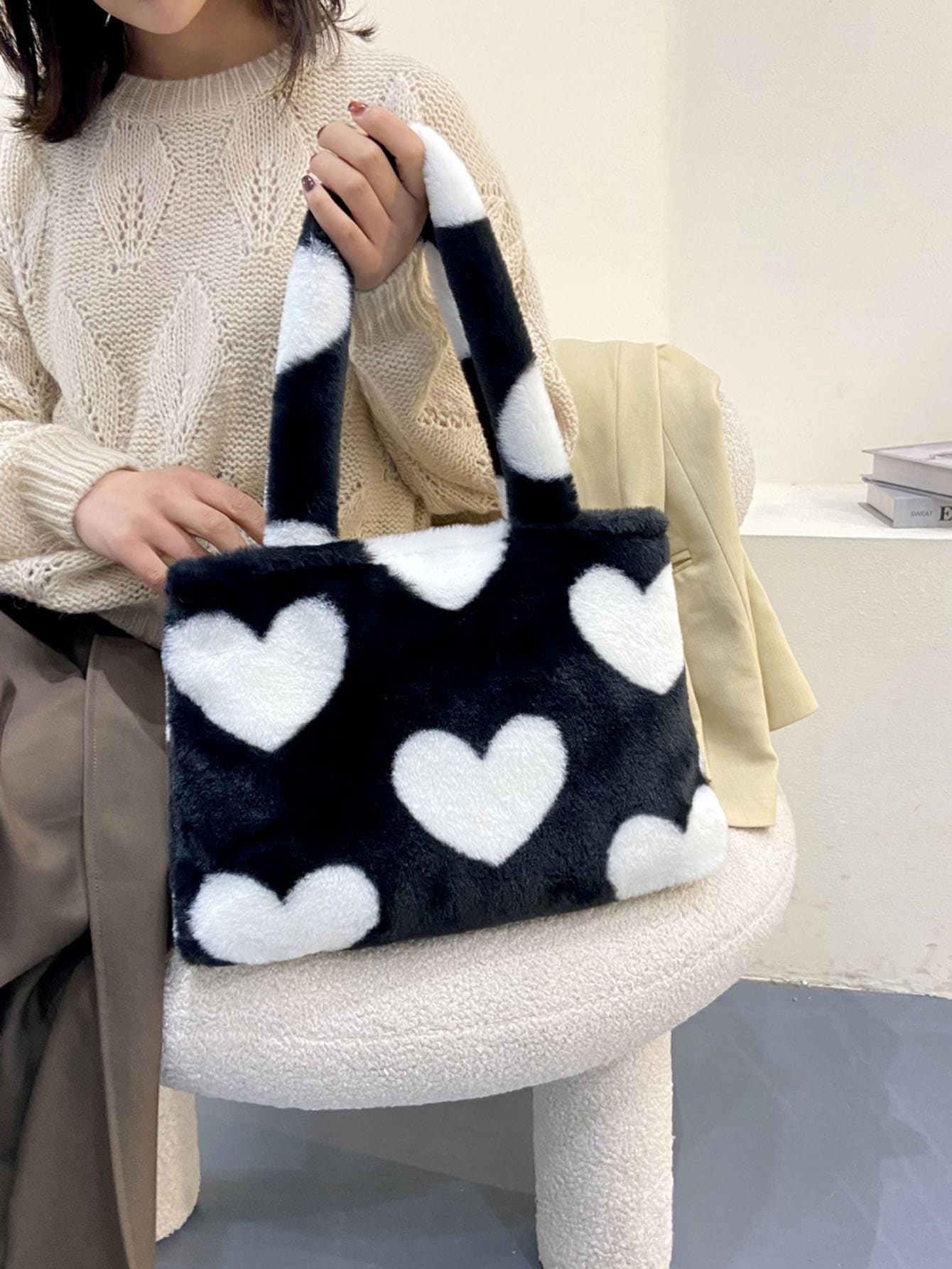 Heart Graphic Fluffy Shoulder Tote Bag - Black and White - View 1
