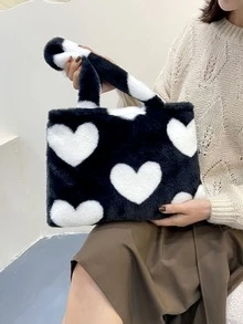 Heart Graphic Fluffy Shoulder Tote Bag - Black and White - View 2