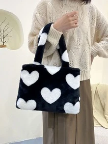 Heart Graphic Fluffy Shoulder Tote Bag - Black and White - View 3