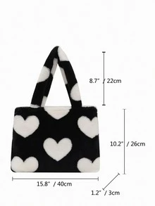 Heart Graphic Fluffy Shoulder Tote Bag - Black and White - View 4