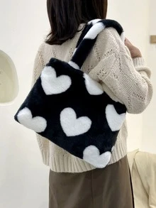 Heart Graphic Fluffy Shoulder Tote Bag - Black and White - View 5
