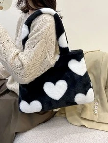Heart Graphic Fluffy Shoulder Tote Bag - Black and White - View 6