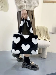 Heart Graphic Fluffy Shoulder Tote Bag - Black and White - View 7