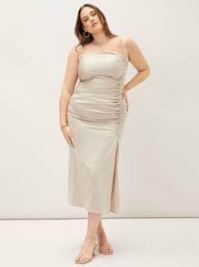 SHEIN Plus Split Gathered Cami Dress - Beige - View 1