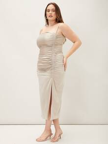 SHEIN Plus Split Gathered Cami Dress - Beige - View 3