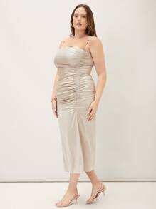 SHEIN Plus Split Gathered Cami Dress - Beige - View 6