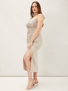 SHEIN Plus Split Gathered Cami Dress - Beige - View 7