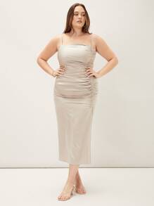 SHEIN Plus Split Gathered Cami Dress - Beige - View 8