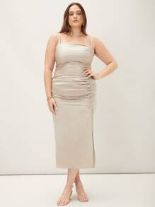 SHEIN Plus Split Gathered Cami Dress - Beige - View 9