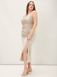 SHEIN Plus Split Gathered Cami Dress - Beige - View 10