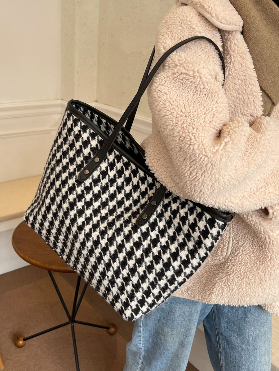 Houndstooth Shoulder Tote Bag - Black - View 1