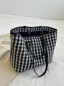 Houndstooth Shoulder Tote Bag - Black - View 2