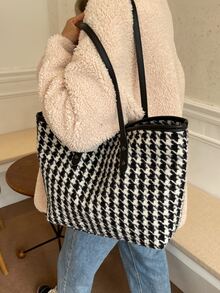 Houndstooth Shoulder Tote Bag - Black - View 5