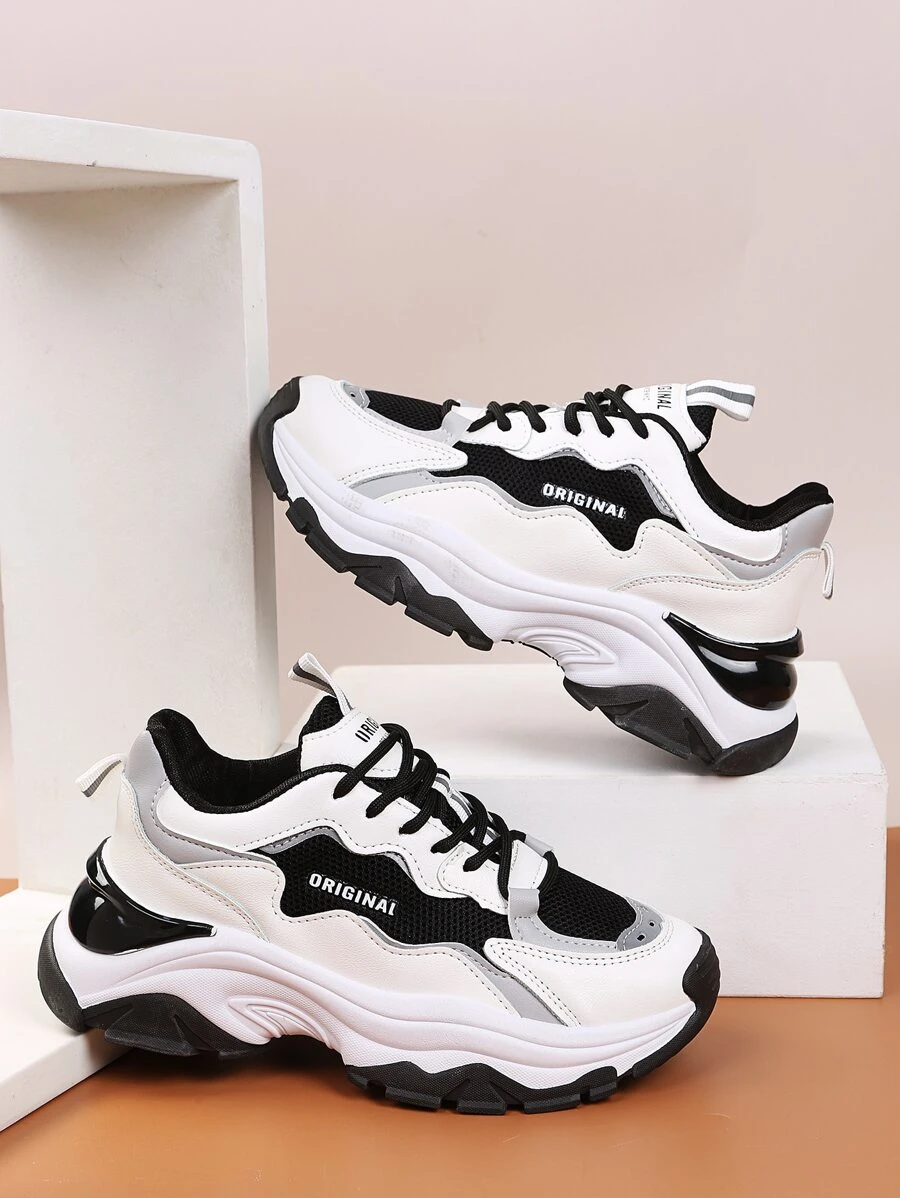 Colorblock Lace-up Front Chunky Sneakers - Black and White - View 1