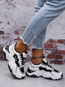 Colorblock Lace-up Front Chunky Sneakers - Black and White - View 2