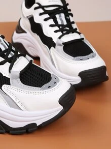 Colorblock Lace-up Front Chunky Sneakers - Black and White - View 4