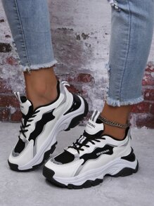 Colorblock Lace-up Front Chunky Sneakers - Black and White - View 7