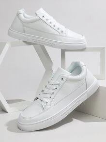 Men Minimalist Lace Up Front Skate Shoes - White - View 2