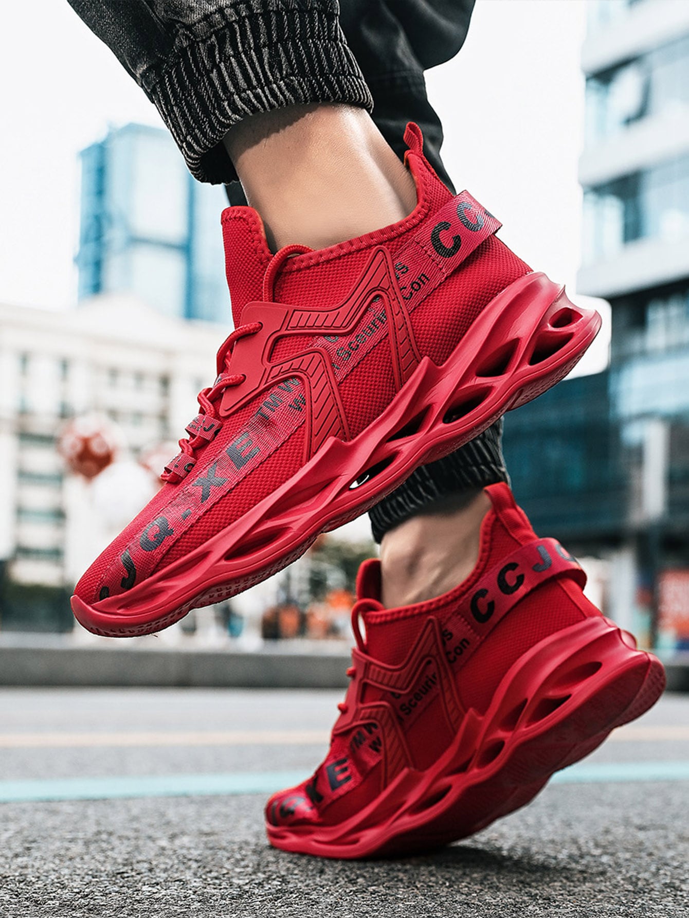 chunky red sneakers